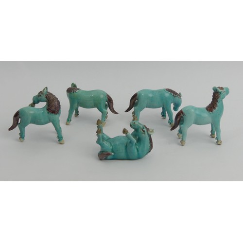 192 - Five Chinese turquoise glazed figures of horses, 9cm. UK Postage £14.