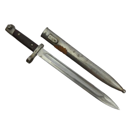 129 - World War II  bayonet and scabbard probably British, 37.5cm. UK Postage £14.