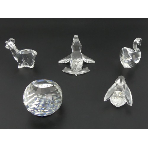 290 - Swarovski crystal rabbit, goat, seal, SCS Paperweight and a swan, all boxed, swan 38mm high. UK Post... 