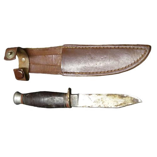 138 - An old Tulwar and a small knife in a leather scabbard, 91cm. UK Postage £16.