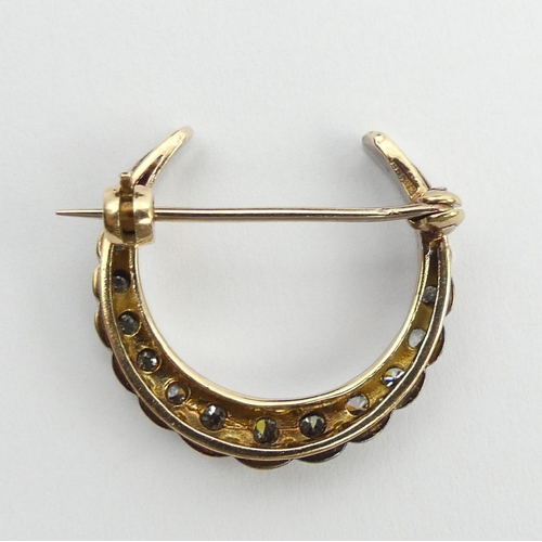 10 - 9ct gold diamond set crescent brooch, London 1969, 4.8 grams, 25mm. UK postage £12.