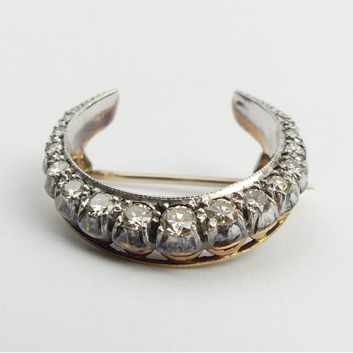 10 - 9ct gold diamond set crescent brooch, London 1969, 4.8 grams, 25mm. UK postage £12.