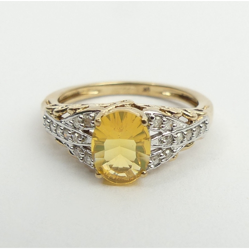 12 - 9ct gold fire opal and diamond ring, 2.6 grams, 8.1mm, size N. UK postage £12.