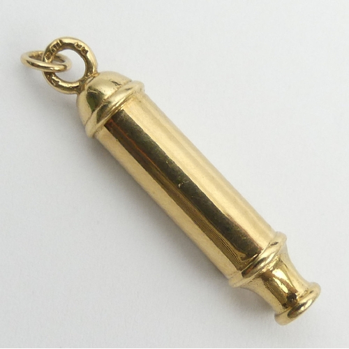 14 - 9ct gold whistle pendant, 2.8 grams, 35 x 7.3mm. UK postage £12.