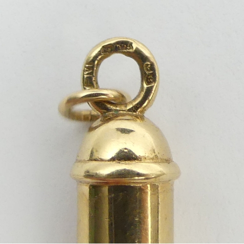 14 - 9ct gold whistle pendant, 2.8 grams, 35 x 7.3mm. UK postage £12.