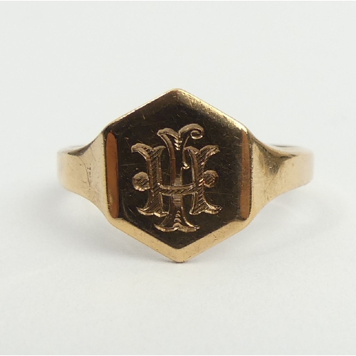 15 - 9ct gold rose gold signet ring, Birm. 1926, 4.2 grams, 13.3mm, Size T. UK postage £12.