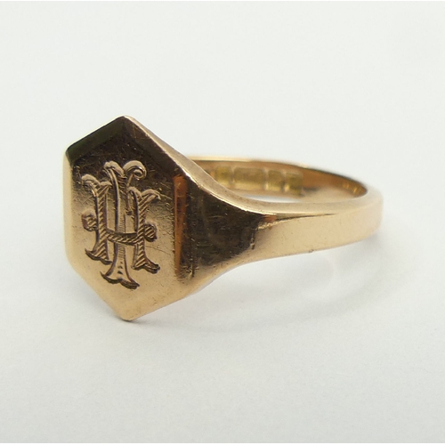 15 - 9ct gold rose gold signet ring, Birm. 1926, 4.2 grams, 13.3mm, Size T. UK postage £12.