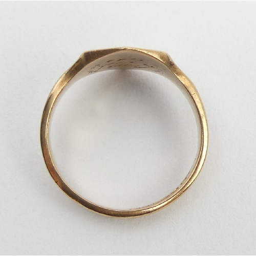 15 - 9ct gold rose gold signet ring, Birm. 1926, 4.2 grams, 13.3mm, Size T. UK postage £12.