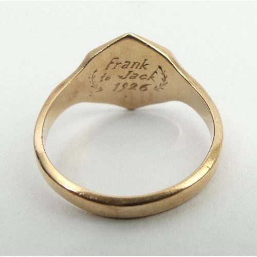 15 - 9ct gold rose gold signet ring, Birm. 1926, 4.2 grams, 13.3mm, Size T. UK postage £12.