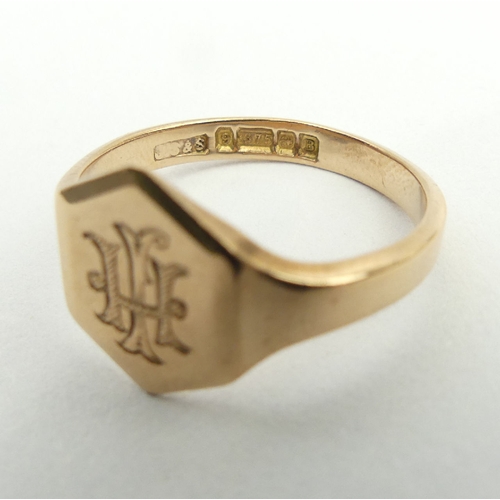 15 - 9ct gold rose gold signet ring, Birm. 1926, 4.2 grams, 13.3mm, Size T. UK postage £12.