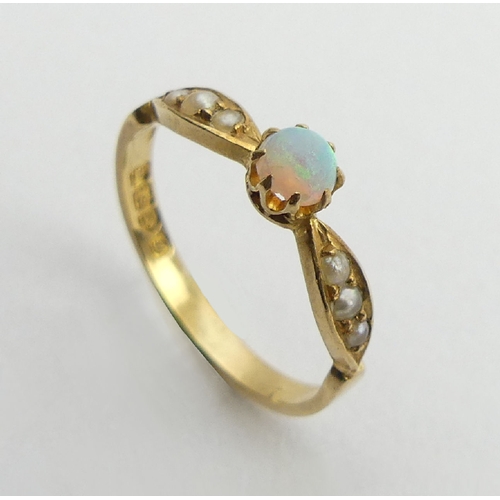 3 - Edwardian 18ct gold opal and seed pearl ring, 1.7 grams, 4.3mm, Size K. UK postage £12