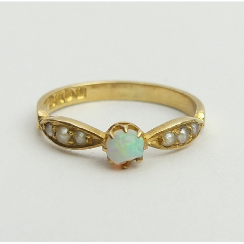 3 - Edwardian 18ct gold opal and seed pearl ring, 1.7 grams, 4.3mm, Size K. UK postage £12