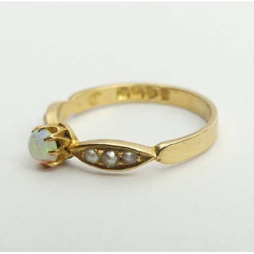 3 - Edwardian 18ct gold opal and seed pearl ring, 1.7 grams, 4.3mm, Size K. UK postage £12