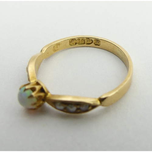 3 - Edwardian 18ct gold opal and seed pearl ring, 1.7 grams, 4.3mm, Size K. UK postage £12