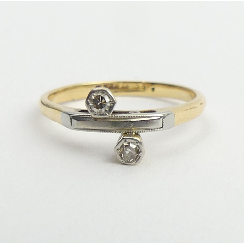 30 - 18ct gold and platinum diamond two stone ring, 2.1 grams, 7.3mm, size L. UK postage £12.