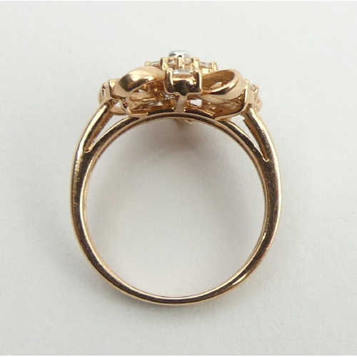 32 - 14ct rose gold, fancy design stone set ring, 3.8 grams, 14.7mm, size K, UK postage £12.