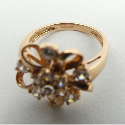 32 - 14ct rose gold, fancy design stone set ring, 3.8 grams, 14.7mm, size K, UK postage £12.