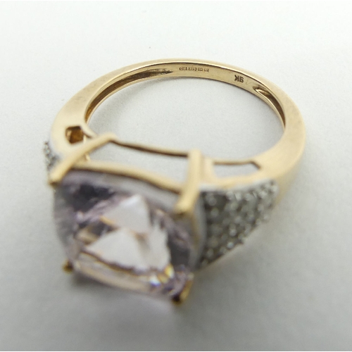 35 - 9ct gold pale amethyst and diamond ring, 3.7 grams, 10.1mm, size N1/2.  UK postage £12.