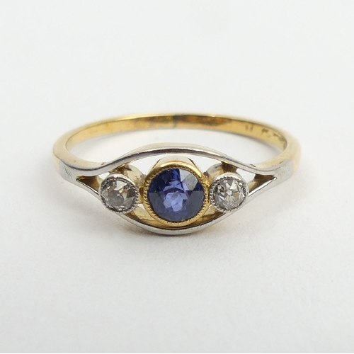 46 - 18ct gold sapphire and diamond ring, 2.4 grams, 6.6mm, size P.  UK Postage £12.