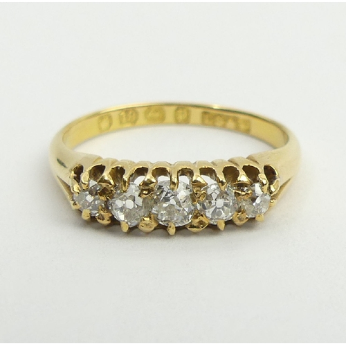 47 - Victorian 18ct gold five stone diamond ring, Birm. 1889, 3.2 grams, 4.7mm, size M. UK Postage £12.