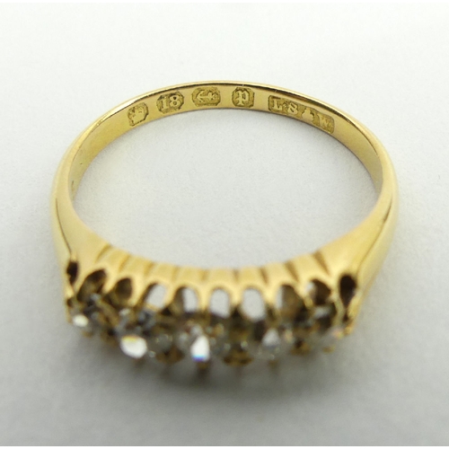 47 - Victorian 18ct gold five stone diamond ring, Birm. 1889, 3.2 grams, 4.7mm, size M. UK Postage £12.