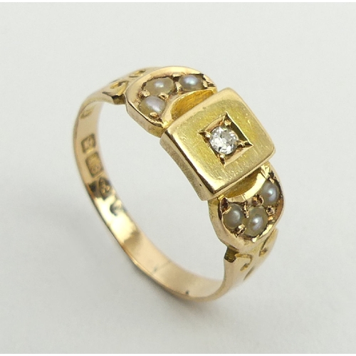 48 - Edwardian 18ct gold diamond and seed pearl ring, Chester 1910, 3.2 grams, 6.8mm, size O.  UK Postage... 