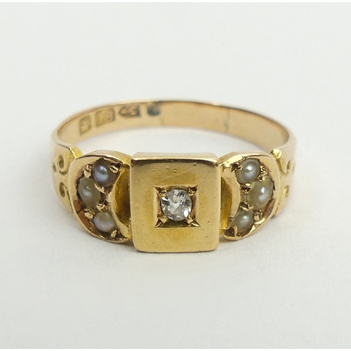 48 - Edwardian 18ct gold diamond and seed pearl ring, Chester 1910, 3.2 grams, 6.8mm, size O.  UK Postage... 