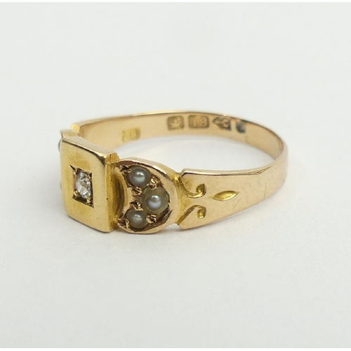 48 - Edwardian 18ct gold diamond and seed pearl ring, Chester 1910, 3.2 grams, 6.8mm, size O.  UK Postage... 