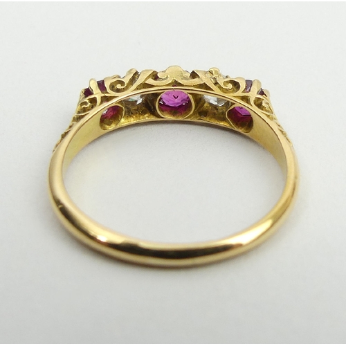 51 - A gold and ruby five stone ring, Birm. 1902, 2.7 grams, 4.6mm,  size M. UK Postage £12.