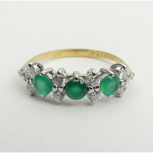 56 - 9ct gold green and white stone ring, 1.5 grams, 6mm, size M. UK Postage £12.