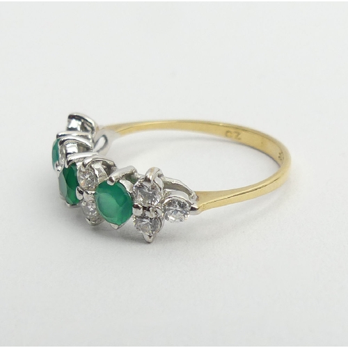 56 - 9ct gold green and white stone ring, 1.5 grams, 6mm, size M. UK Postage £12.