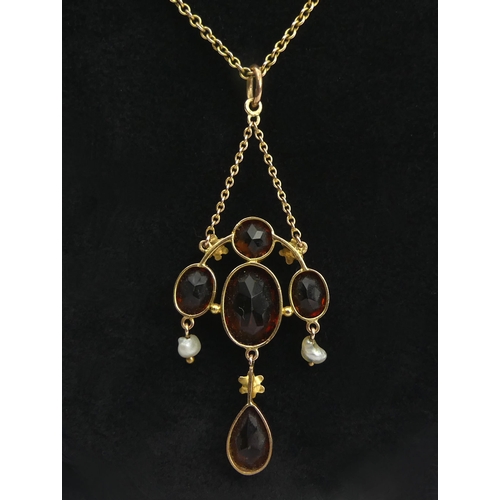 60 - 14ct gold citrine and pearl drop pendant and chain, 4.9 grams, chain 41cm, pendant 5.8cm. UK Postage... 