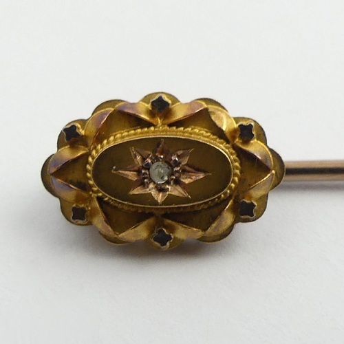 74 - Victorian 15ct gold diamond set stick pin, 1.2 grams, 5.7cm. UK Postage £12.