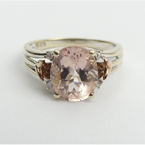 78 - 9ct gold pink quartz with red gold flowers and diamond ring, 2.7 grams, 9.9mm, size N. UK Postage £1... 