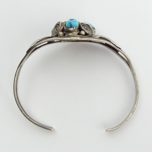 79 - Native American sterling silver and turquoise cuff bangle, 17.7 grams, 25mm. UK Postage £12.