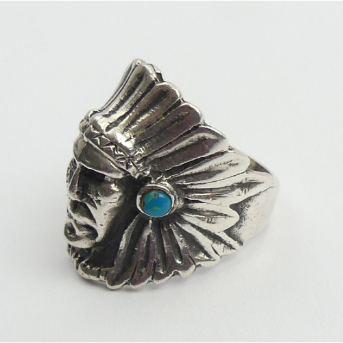 89 - Native American sterling silver head ring set with turquoise, 10.8 grams, 25mm, size M1/2. UK Postag... 