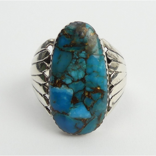 90 - Native American sterling silver turquoise set ring, 9.1 grams, 27mm, size T. UK Postage £12.