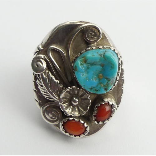 91 - Native American sterling silver turquoise and coral ring, 24.4 grams, 32mm, size U. UK Postage £12.