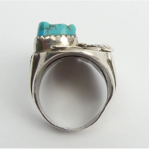 91 - Native American sterling silver turquoise and coral ring, 24.4 grams, 32mm, size U. UK Postage £12.