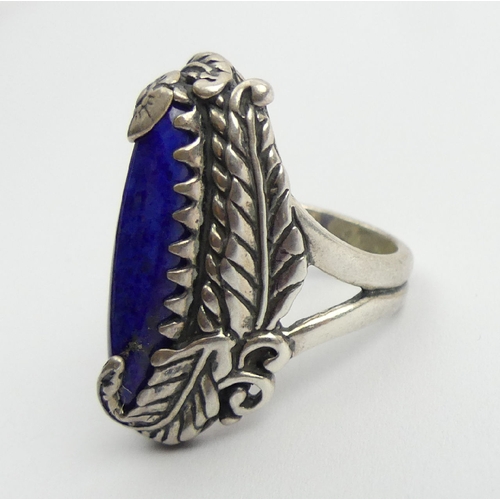 92 - Native American sterling silver and lapis ring, 12 grams, 30mm, size N. UK Postage £12.