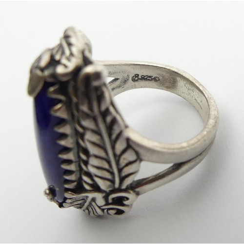 92 - Native American sterling silver and lapis ring, 12 grams, 30mm, size N. UK Postage £12.