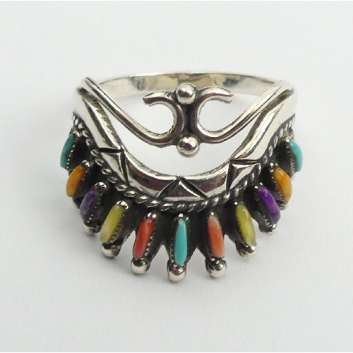 94 - Native American sterling silver multi-coloured stone set ring, signed H.W., 3.7 grams, 17.5mm, size ... 