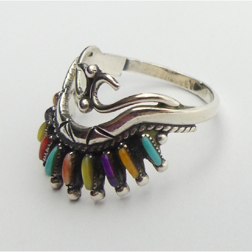 94 - Native American sterling silver multi-coloured stone set ring, signed H.W., 3.7 grams, 17.5mm, size ... 