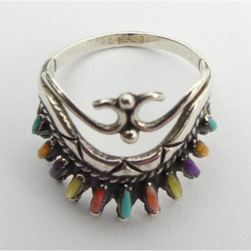 94 - Native American sterling silver multi-coloured stone set ring, signed H.W., 3.7 grams, 17.5mm, size ... 