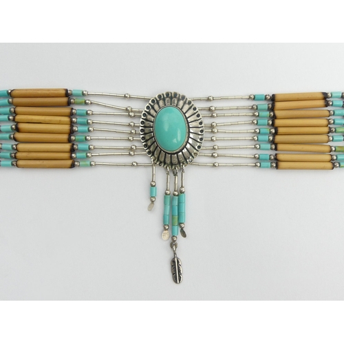 96 - Native American sterling silver, turquoise and reed necklace, 19.4 grams, 39cm x 6cm. UK Postage £12... 