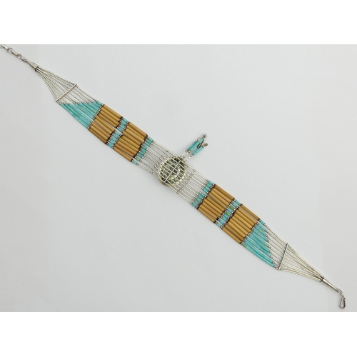 96 - Native American sterling silver, turquoise and reed necklace, 19.4 grams, 39cm x 6cm. UK Postage £12... 