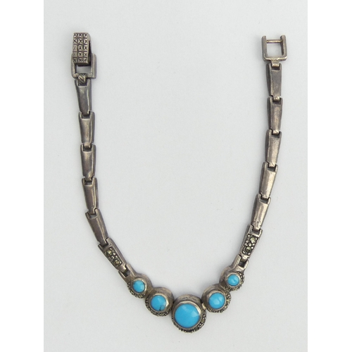 97 - Native American sterling silver, turquoise and marcasite bracelet, 21.4 grams, 18cm long, 14mm wide.... 