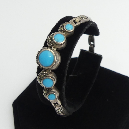 97 - Native American sterling silver, turquoise and marcasite bracelet, 21.4 grams, 18cm long, 14mm wide.... 