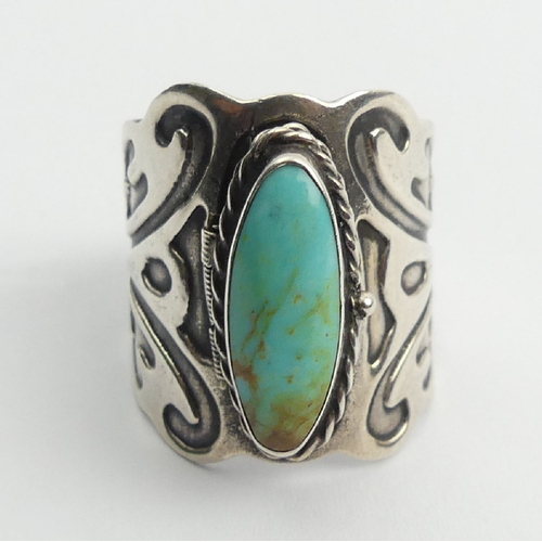 98 - Native American sterling silver and turquoise ring, 9 grams, 24mm, size N. UK Postage £12.