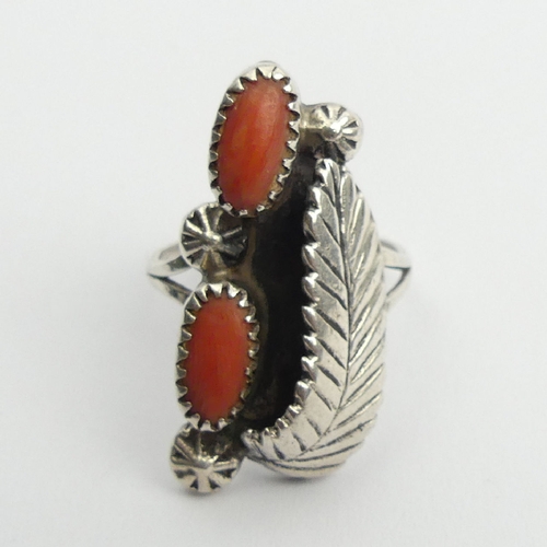 99 - Native American sterling silver and coral ring, 6.2 grams, size O. UK Postage £12.